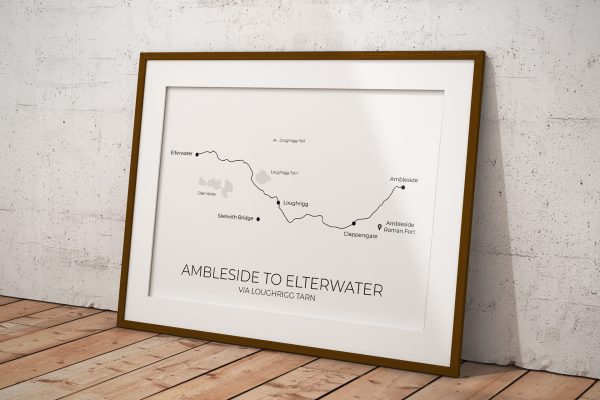 Ambleside to Elterwater route art print in a picture frame