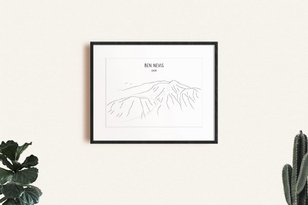 Ben Nevis Mountain Lake line art print in a picture frame