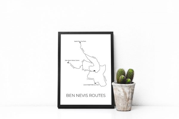 Ben Nevis Routes art print in a picture frame