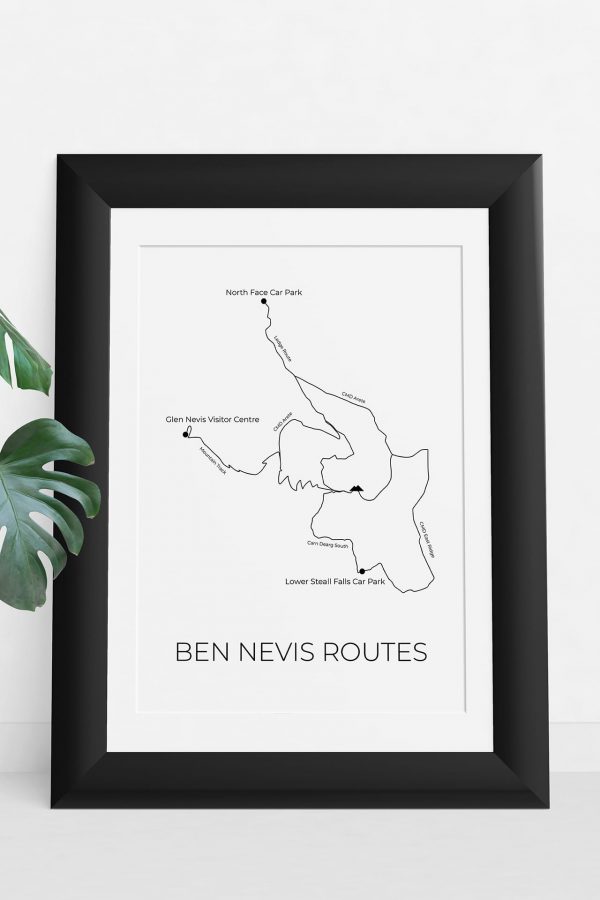Ben Nevis Routes art print in a picture frame