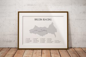Brecon Beacons mountain checklist shaded art print in a picture frame