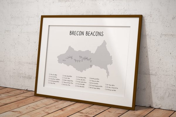 Brecon Beacons mountain checklist shaded art print in a picture frame