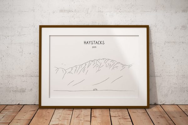 Haystacks line art print in a picture frame