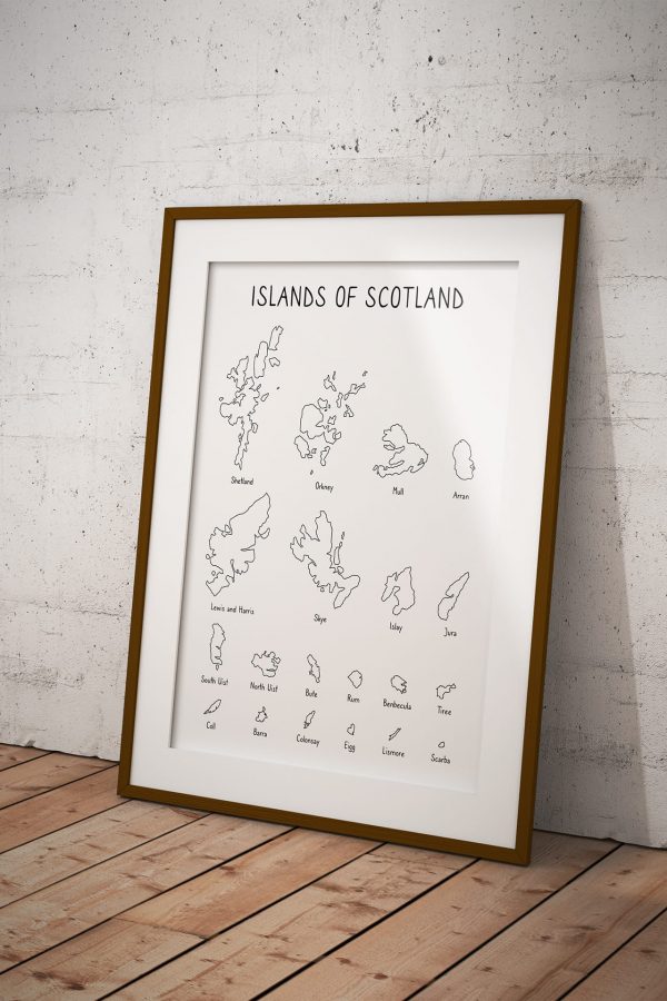 Islands of Scotland outline art print in a picture frame