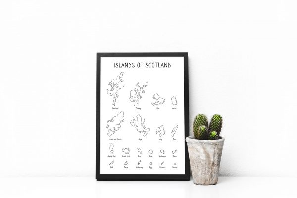 Islands of Scotland outline art print in a picture frame