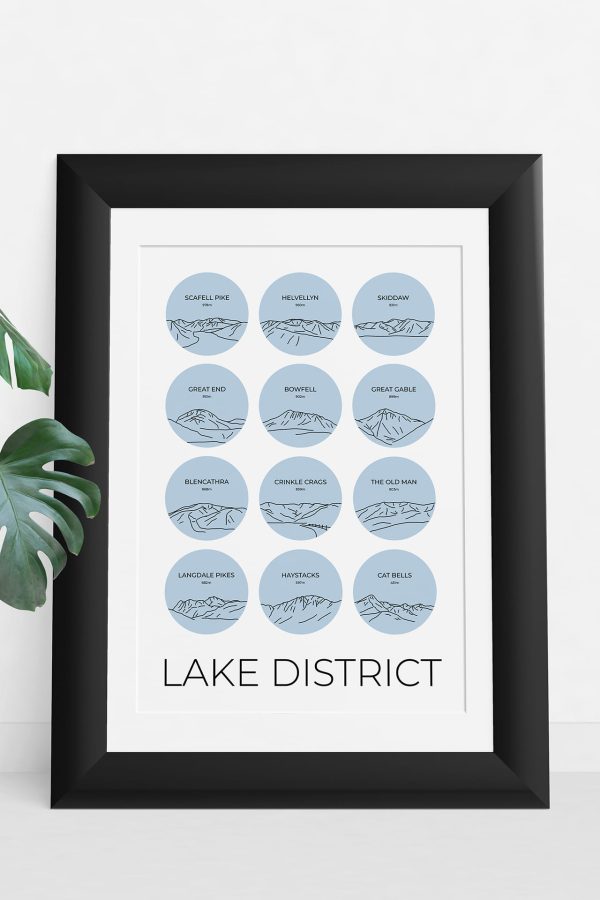 Lake District mountains single colour art print in a picture frame