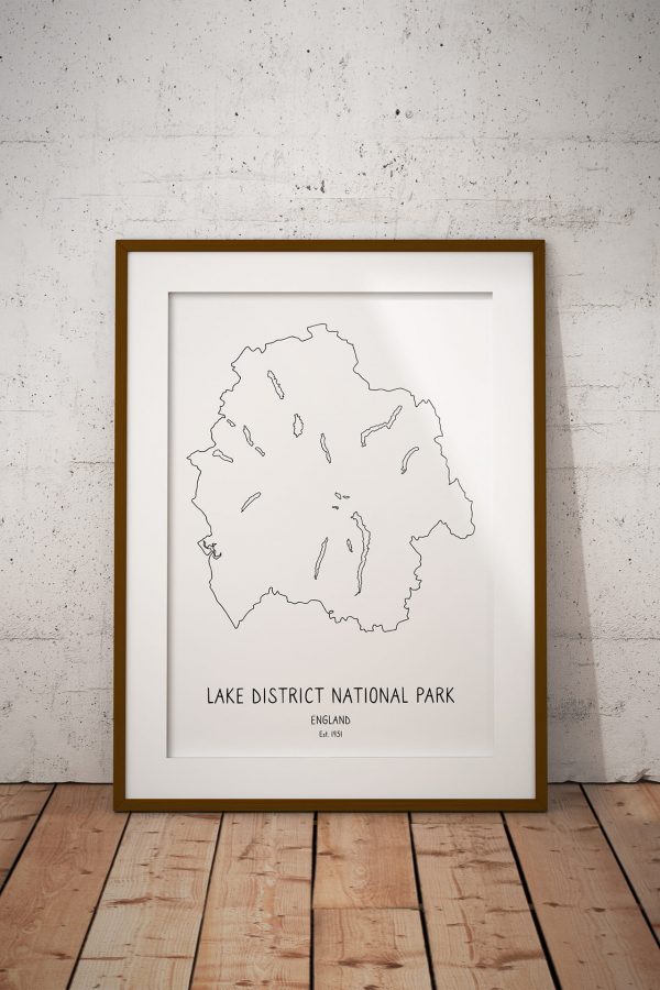 Lake District National Park line art map print in a picture frame