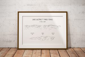 Lake District Three Peaks Challenge horizontal line art print in a picture frame