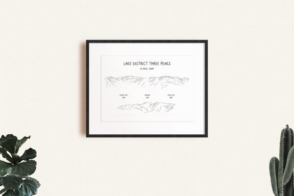 Lake District Three Peaks Challenge horizontal line art print in a picture frame