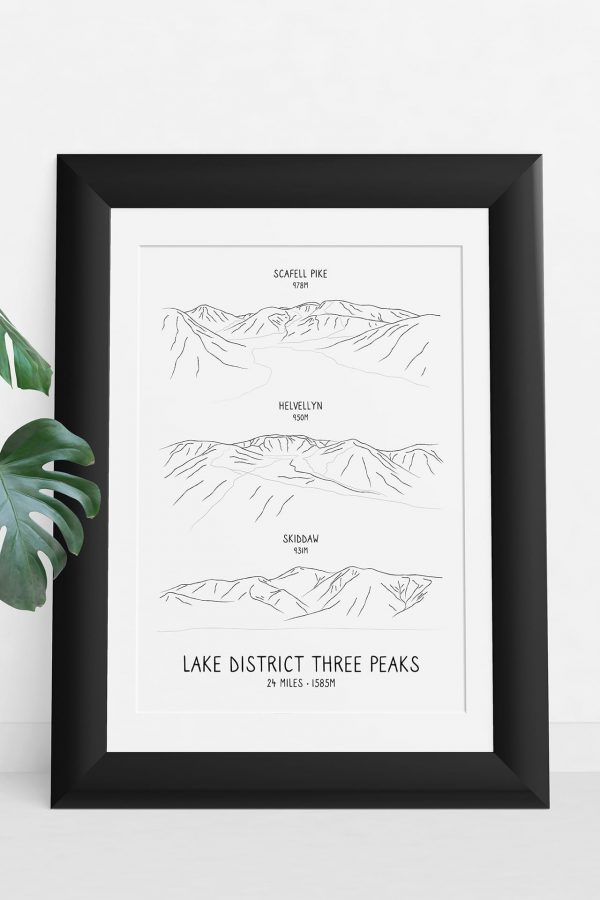 Lake District Three Peaks vertical line art print in a picture frame