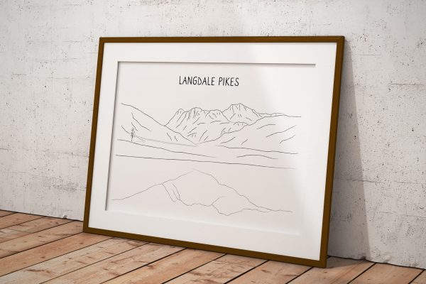 Langdale Pikes line art print in a picture frame