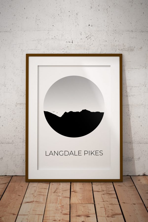 Langdale Pikes silhouette art print in a picture frame