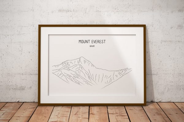 Mount Everest line art print in a picture frame