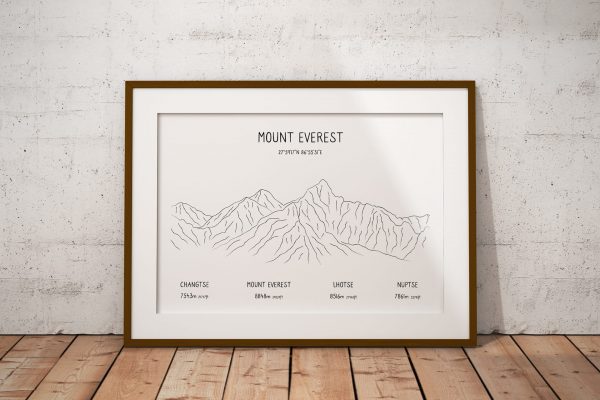 Mount Everest line art print in a picture frame