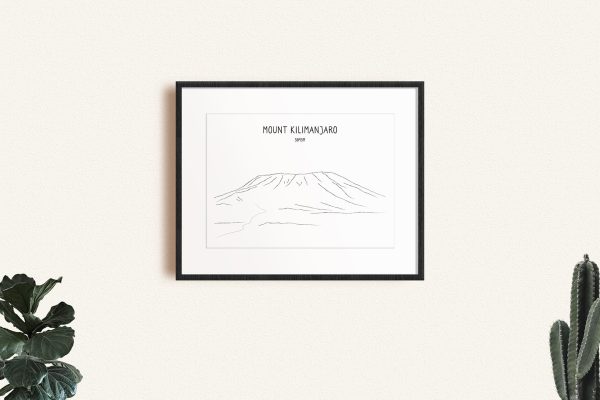 Mount Kilimanjaro line art print in a picture frame