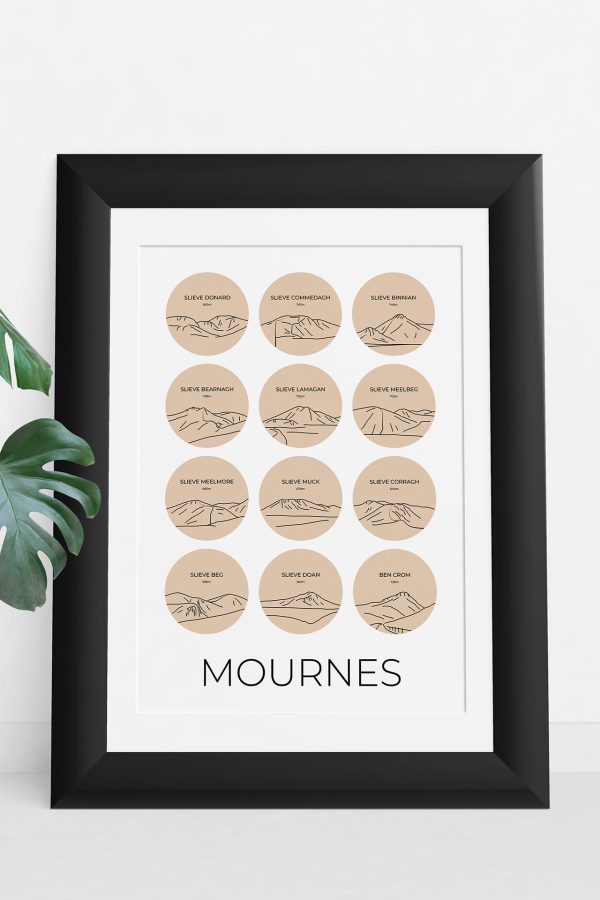 Mourne Mountains single colour art print in a picture frame