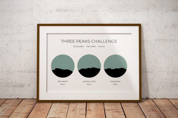 National Three Peaks Challenge Colour Silhouette Art Print in a picture frame