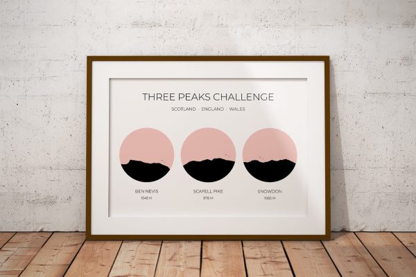 National Three Peaks Challenge Colour Silhouette Art Print in a picture frame
