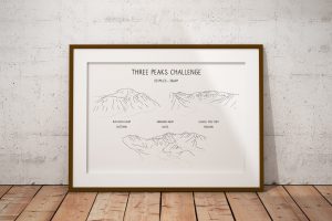 National Three Peaks Challenge line art print in a picture frame