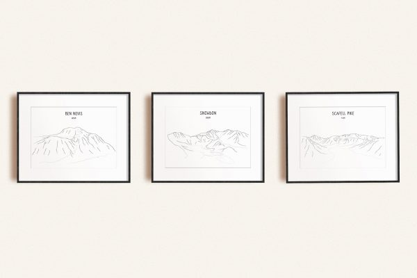 National Three Peaks Challenge set of three line art prints in picture frames