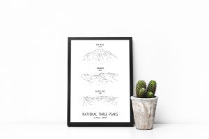 National Three Peaks Challenge vertical line art print in a picture frame
