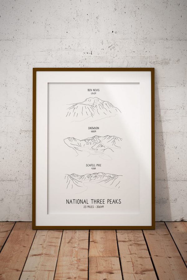 National Three Peaks Challenge vertical line art print in a picture frame