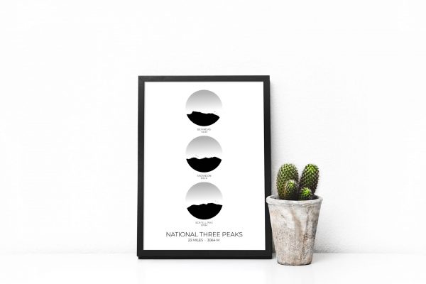 National Three Peaks Challenge vertical circle art print in a picture frame