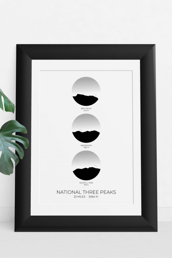 National Three Peaks Challenge vertical circle art print in a picture frame
