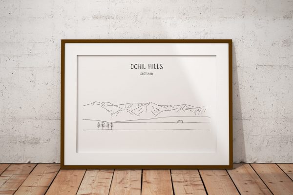 Ochil Hills line art print in a picture frame