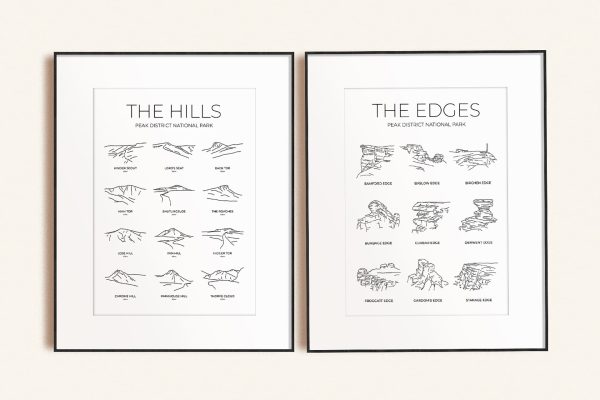 Peak District Hills & Edges line art print set in picture frames