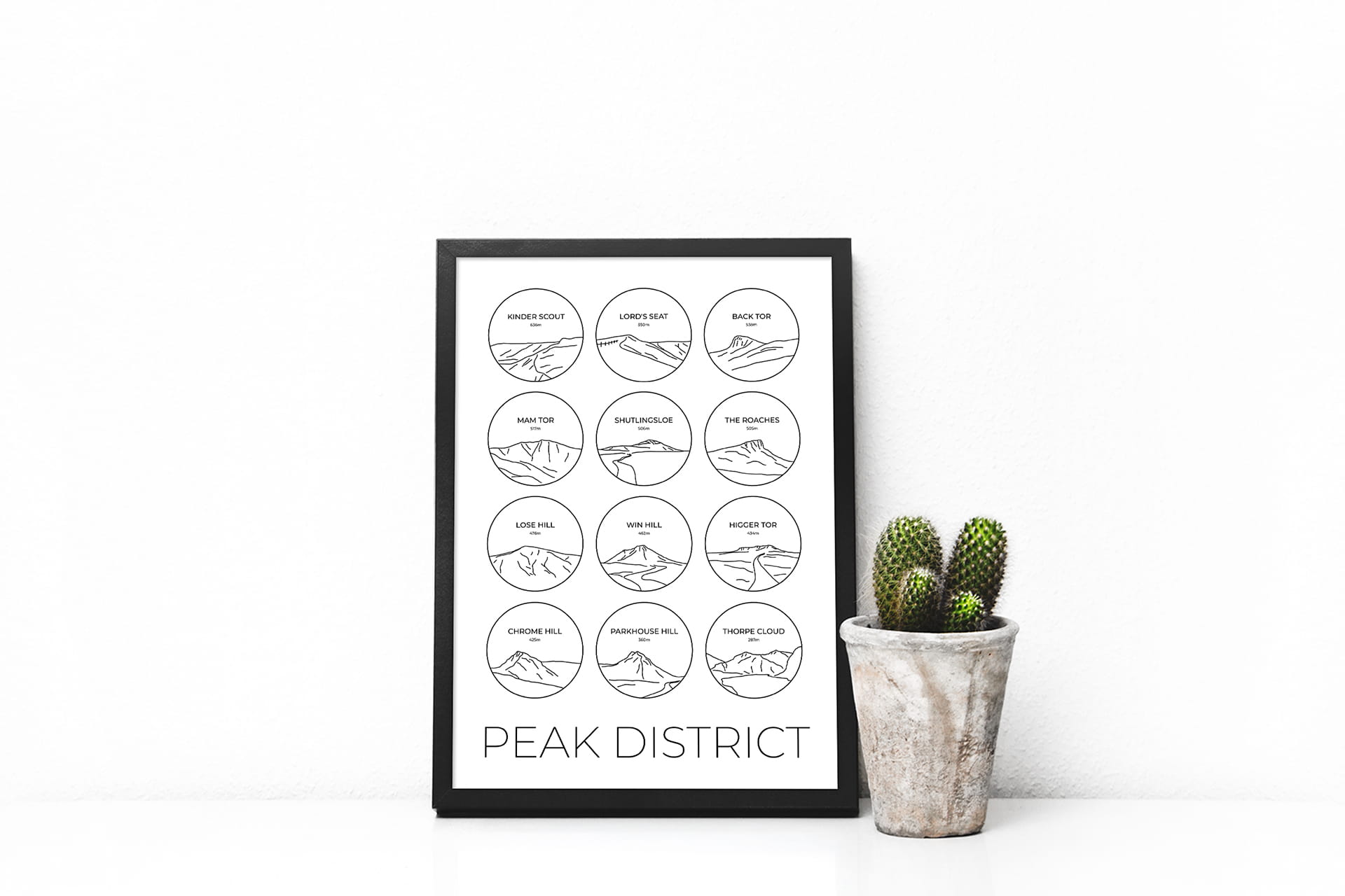Peak District line art collage print in a picture frame