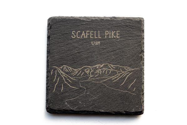 Scafell Pike line art square slate coaster on a white background