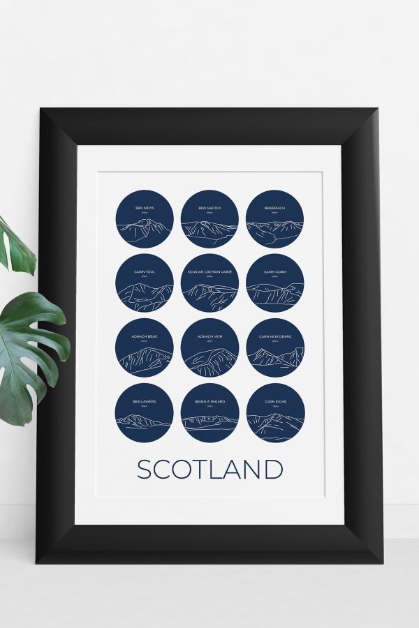 Scottish Mountains single colour art print in a picture frame