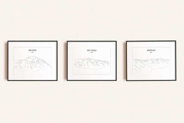 Scottish Three Peaks Challenge set of three line art prints in picture frames