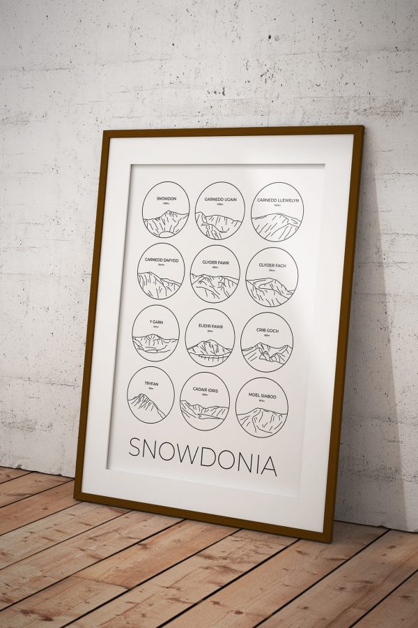 Snowdonia line art collage print in a picture frame