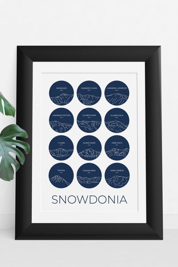 Snowdonia Mountains single colour art print in a picture frame