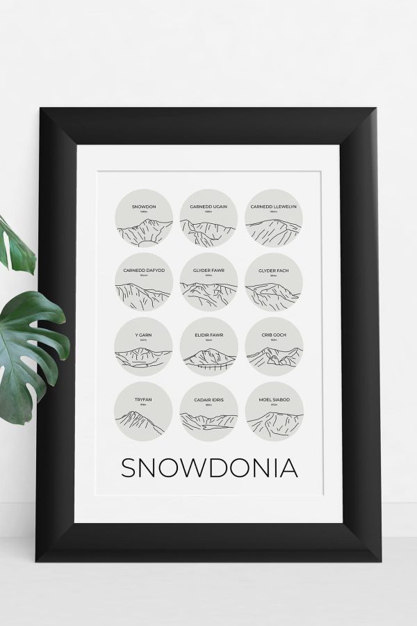 Snowdonia Mountains single colour art print in a picture frame