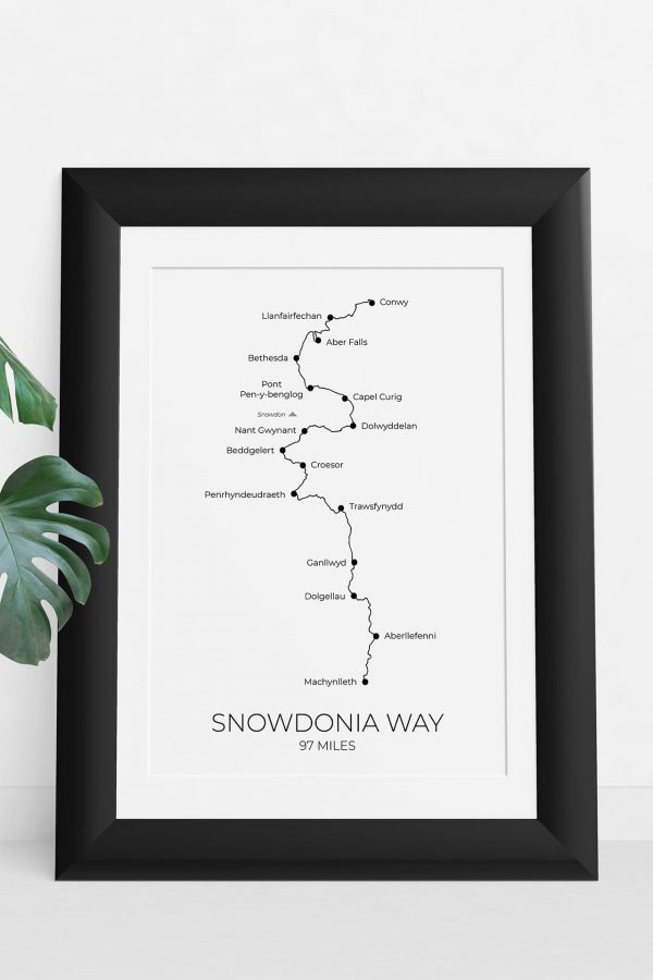 Snowdonia Way route art print in a picture frame