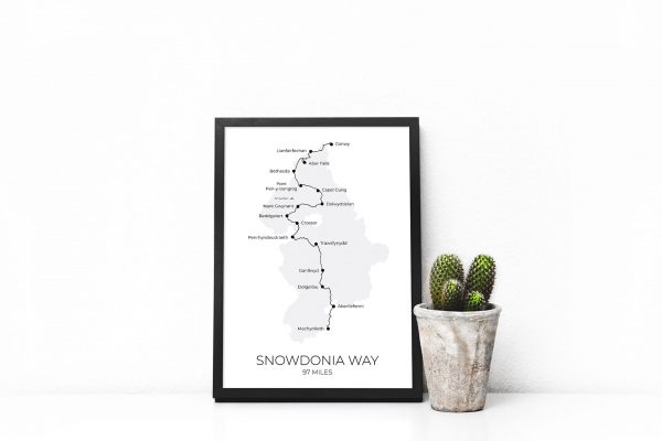 Snowdonia Way route map art print in a picture frame