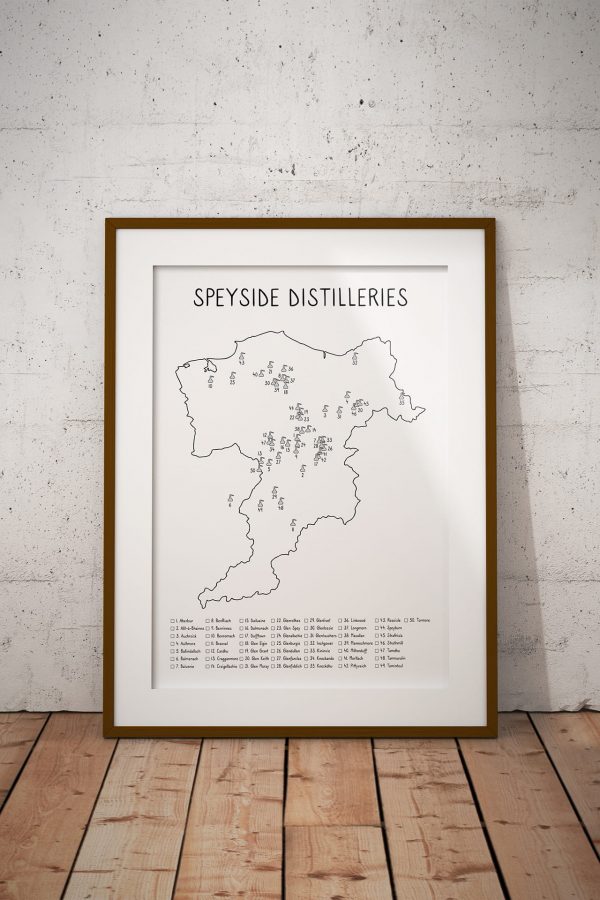 Speyside Distilleries map art print in a picture frame
