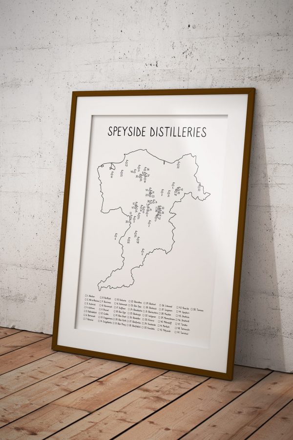 Speyside Distilleries map art print in a picture frame