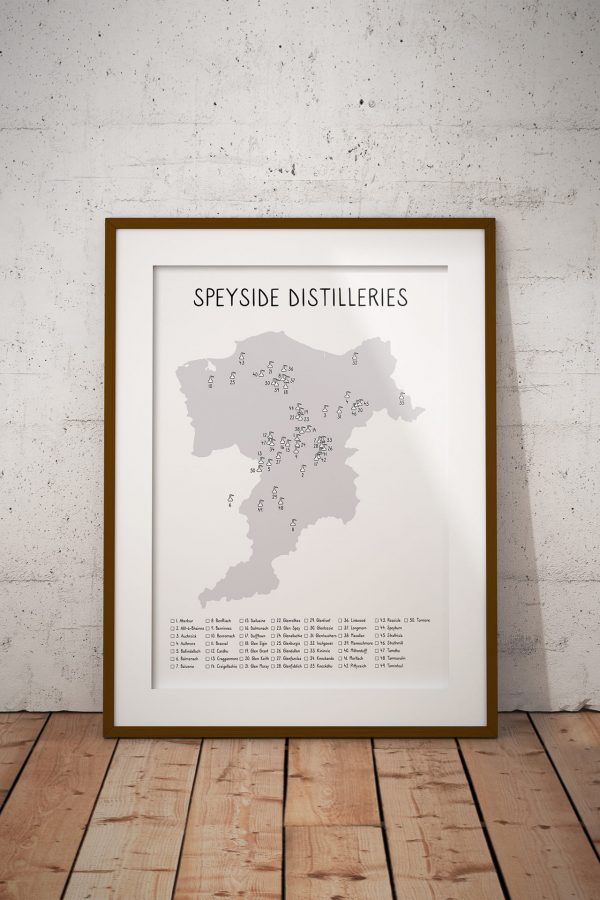 Speyside Distilleries shaded map art print in a picture frame