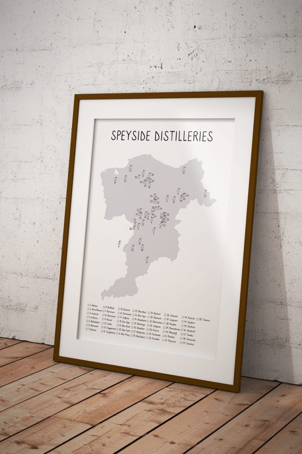 Speyside Distilleries shaded map art print in a picture frame