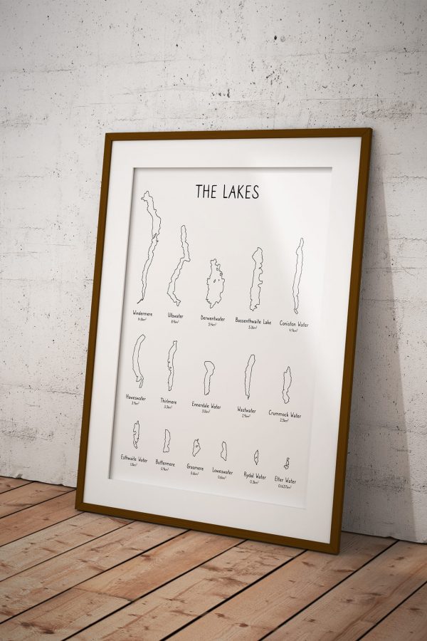 The Lakes line art print in a picture frame