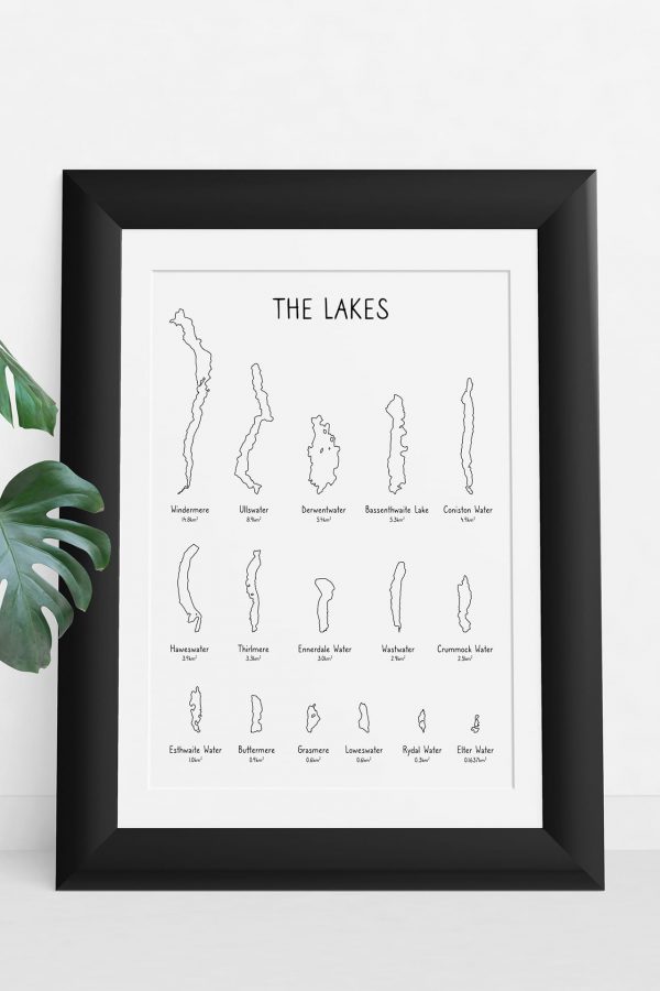 The Lakes line art print in a picture frame