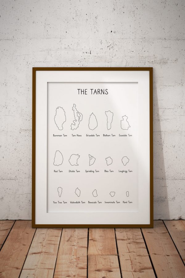 The Tarns line art print in a picture frame
