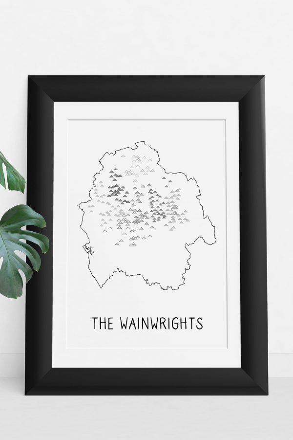 The Wainwrights map art print in a picture frame