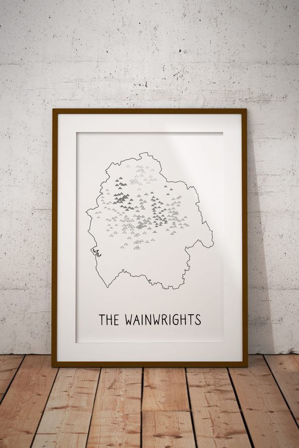 The Wainwrights map art print in a picture frame