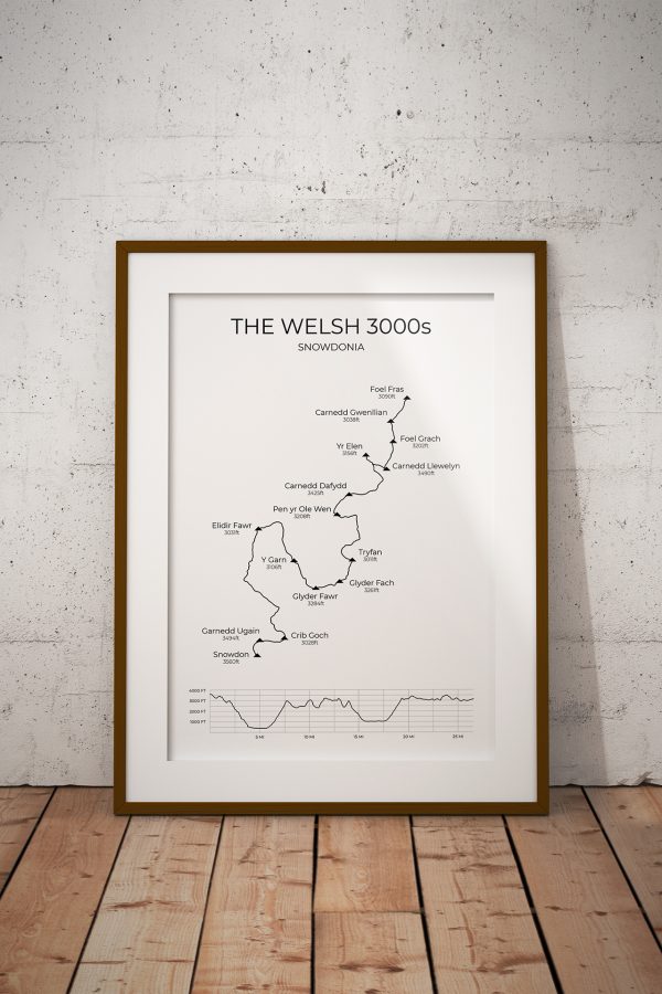 The Welsh 3000s route art print in a picture frame