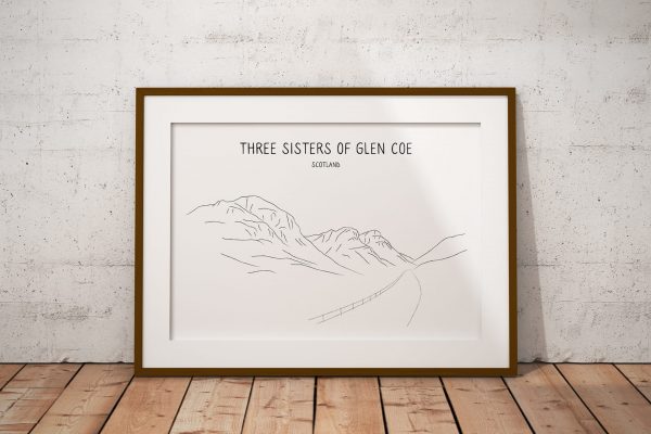 Three Sisters of Glen Coe line art print in a picture frame